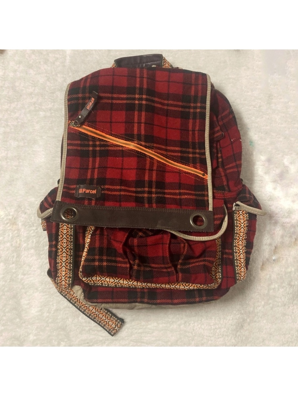 Parcel Red Plaid Tartan Backpack Utility Bag Compartments Boho Cabincore